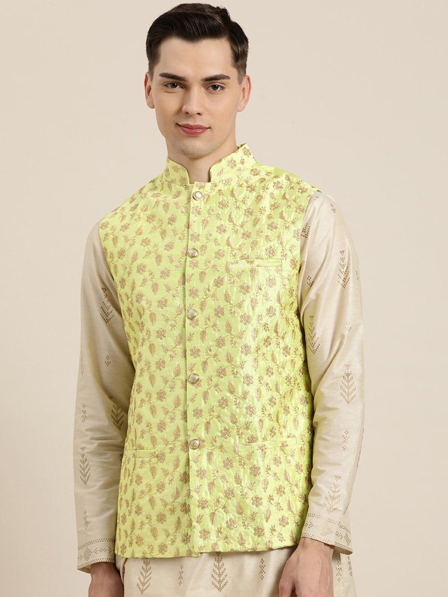 Men Sojanya | Men'S Silk Blend Lime U0026 Gold Embroidered Only Nehrujacket - Sojanya Green