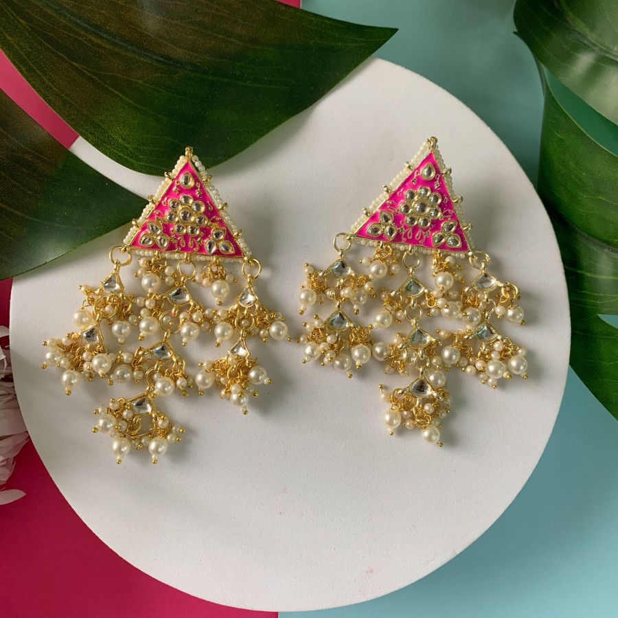 Jewellery I Jewels | Women'S Gold Plated Traditional Meenakari Kundan U0026 Pearl Studded Dangle Earrings - I Jewels Pink