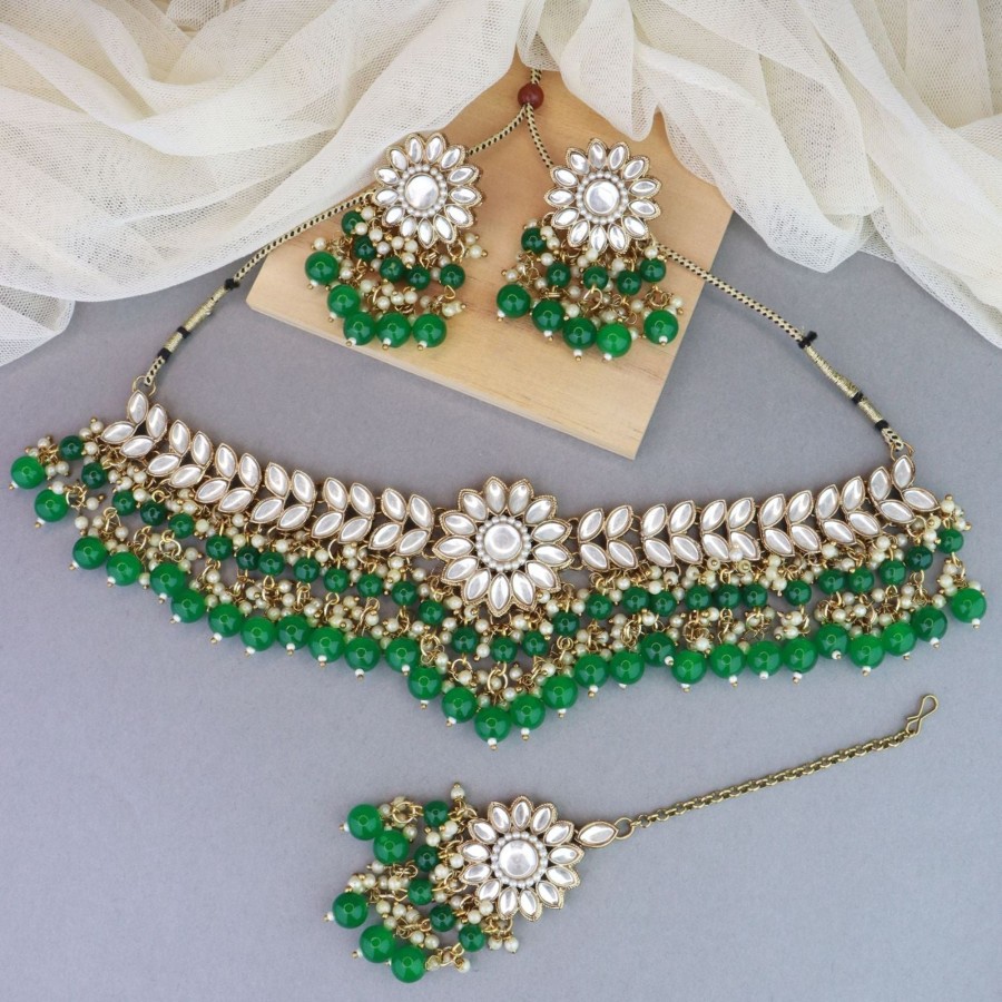 Jewellery I Jewels | Women'S 18K Gold Plated Traditional Kundan Studded Pearl Hanging Choker Necklace Jewellery Set With Earrings U0026 Maang Tikka - I Jewels Green