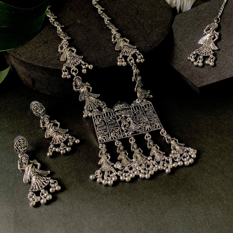 Jewellery I Jewels | Women'S Navratri Ethnic Stylish Boho Silver Chain Pendant Long Necklace Jewellery Set - I Jewels Oxidised