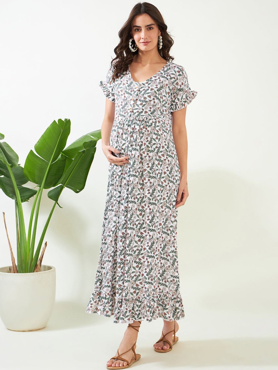 Women The Kaftan Company | Women'S White Floral Maternity And Nursing Nightdress - The Kaftan Company Multi Color