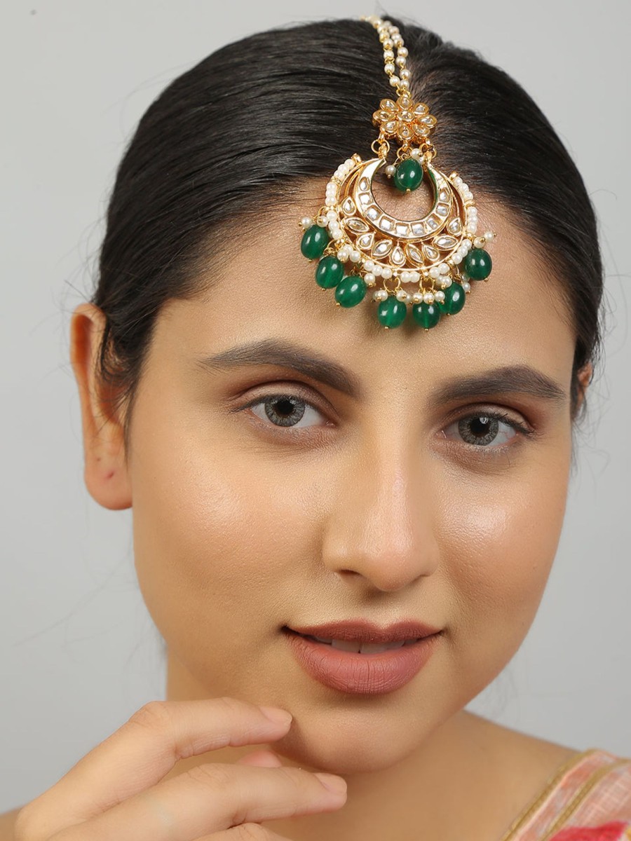 Jewellery Femizen | Women'S Gold Tone Kundan Maang Tikka N - Femizen Green