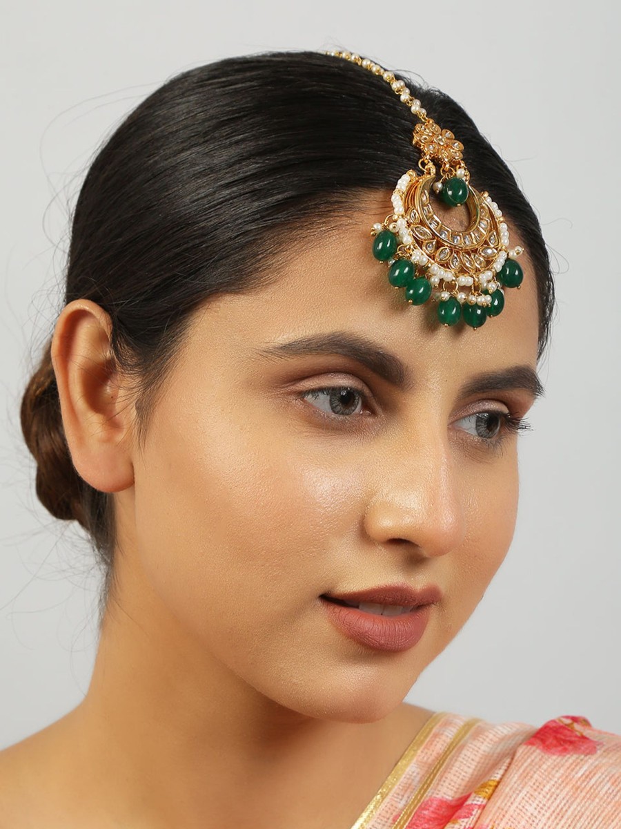 Jewellery Femizen | Women'S Gold Tone Kundan Maang Tikka N - Femizen Green