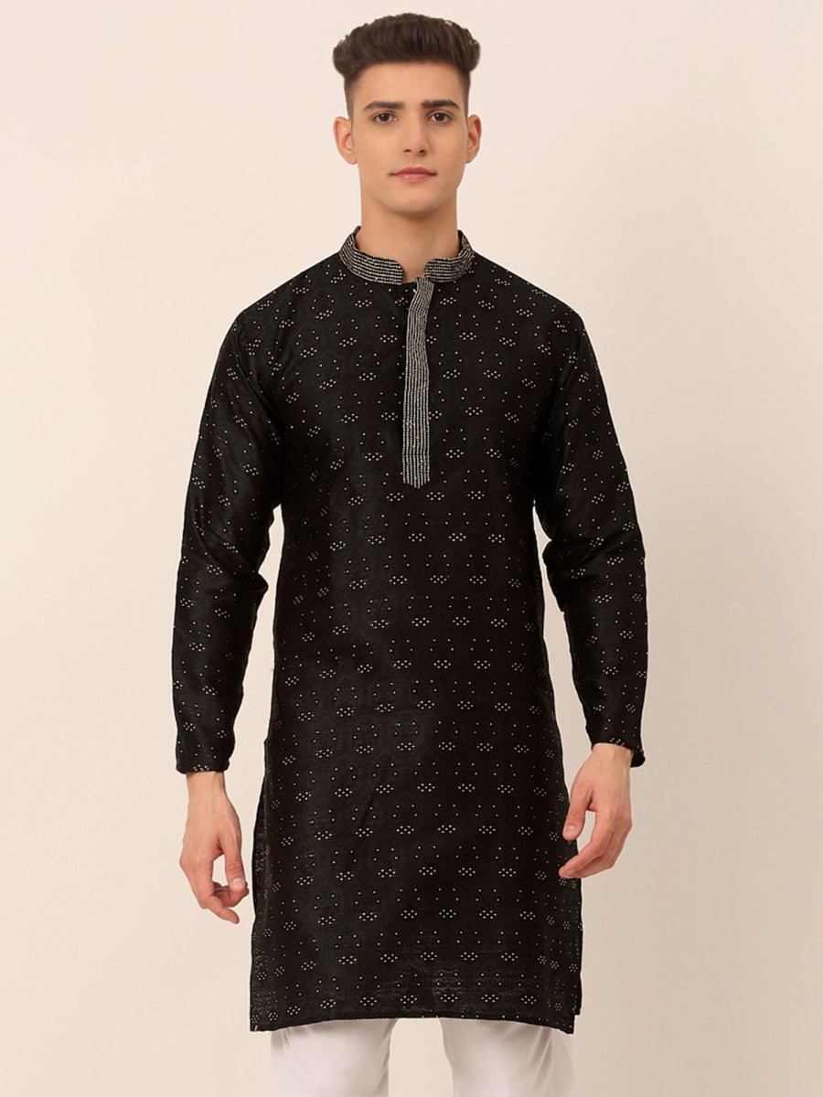 Men Virat Fashions | Men'S Silk Blend Collar Embroidered Kurta Only ( Ko 662 Black ) - Virat Fashions