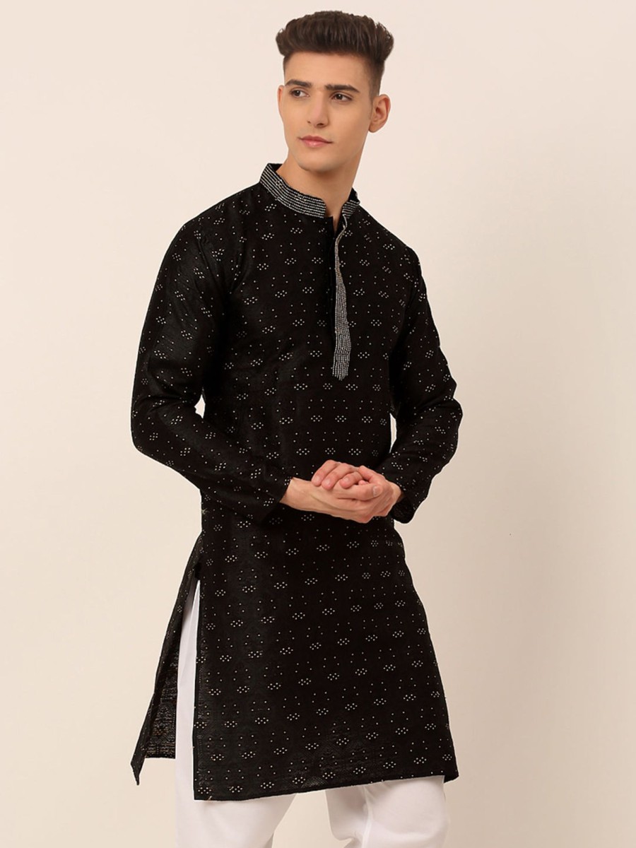 Men Virat Fashions | Men'S Silk Blend Collar Embroidered Kurta Only ( Ko 662 Black ) - Virat Fashions