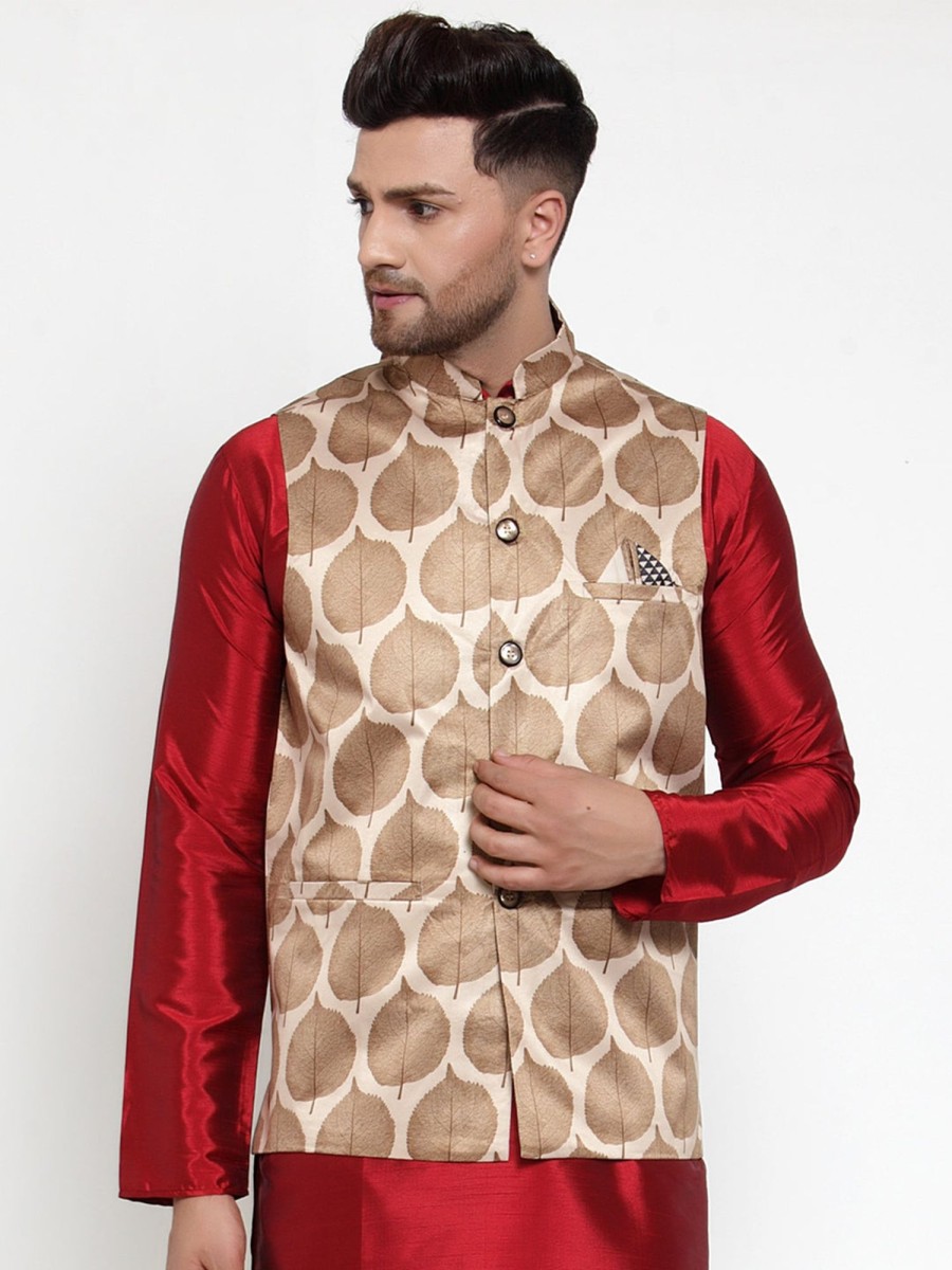 Men Virat Fashions | Men'S Brown Printed Nehru Jacket ( Jowc 4014Brown ) - Virat Fashions