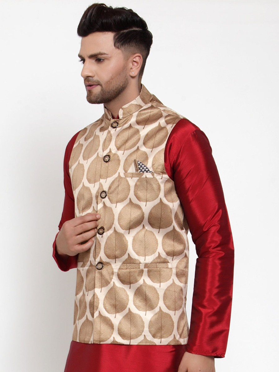 Men Virat Fashions | Men'S Brown Printed Nehru Jacket ( Jowc 4014Brown ) - Virat Fashions