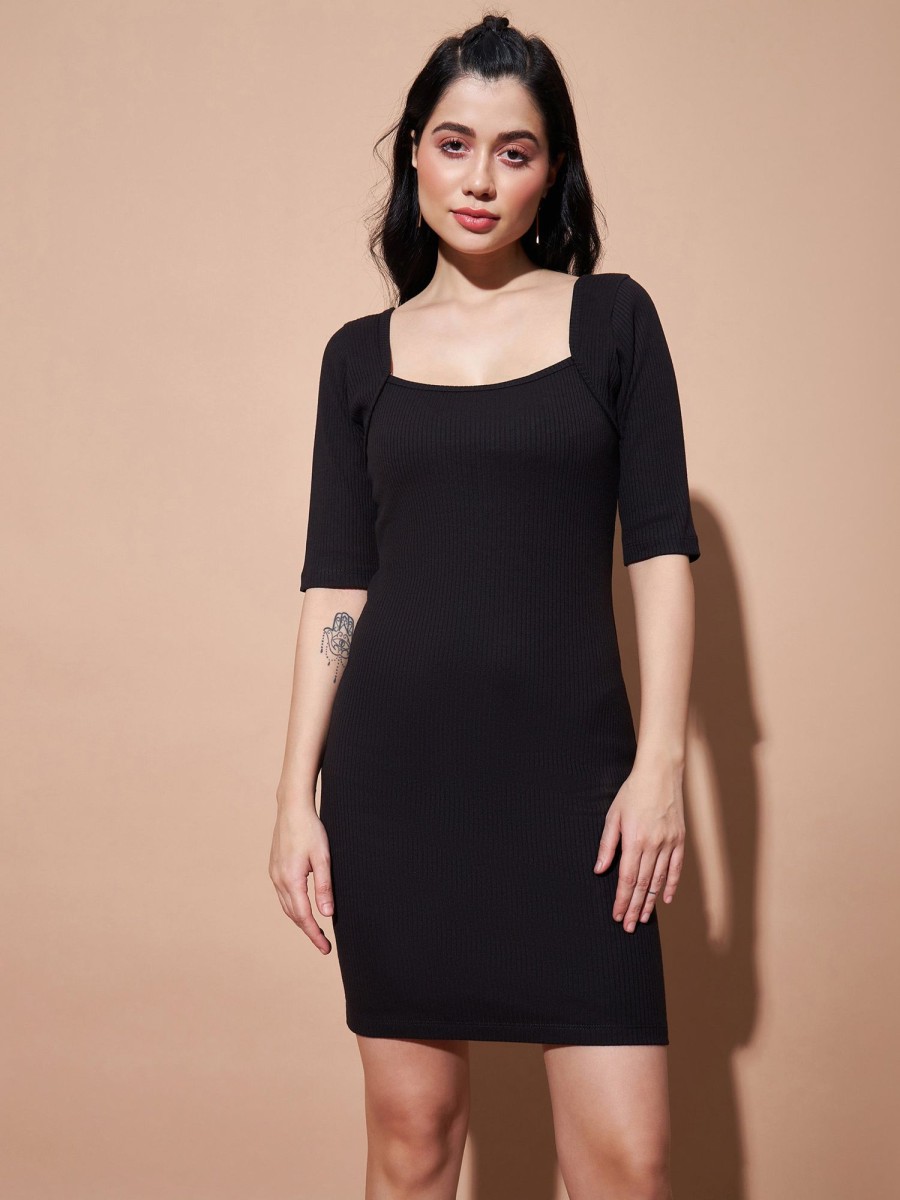 Women Lyush | Women'S Black Rib Square Neck Short Dress - Lyush