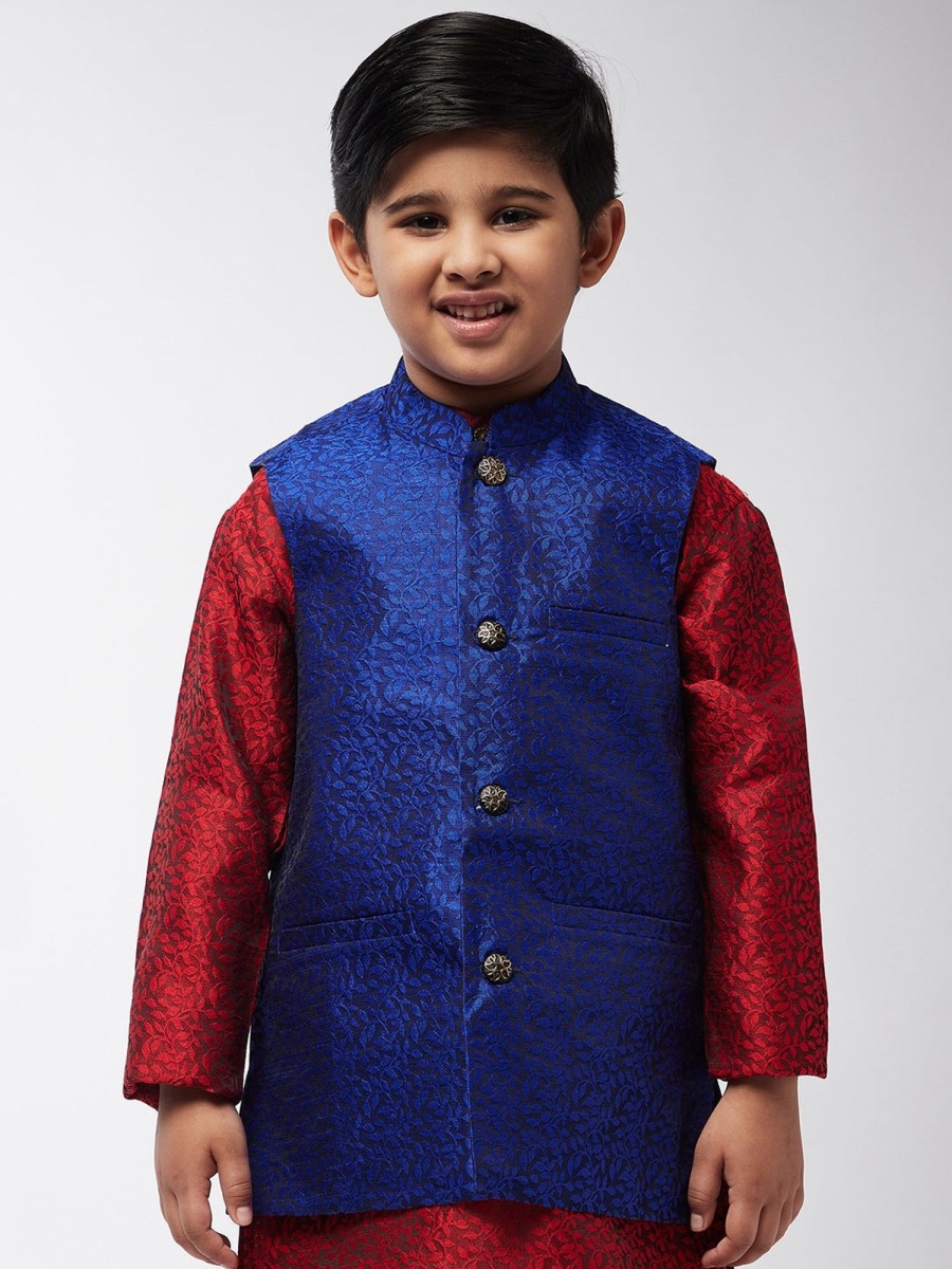 Men Sojanya KID | Kid'S Jacquard Silk Royal Blue Self Design Only Nehrujacket - Sojanya Kid Royal Blue & Back