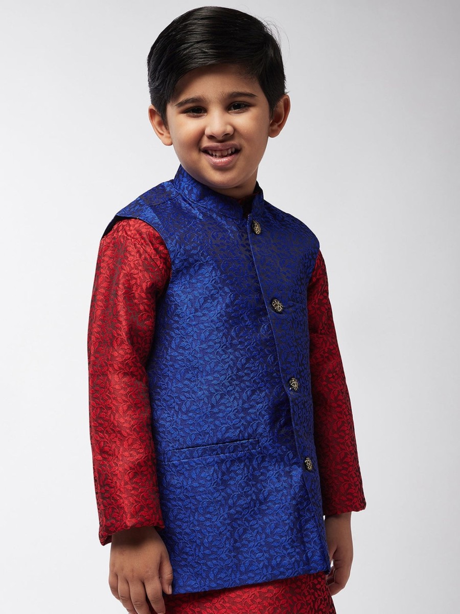 Men Sojanya KID | Kid'S Jacquard Silk Royal Blue Self Design Only Nehrujacket - Sojanya Kid Royal Blue & Back