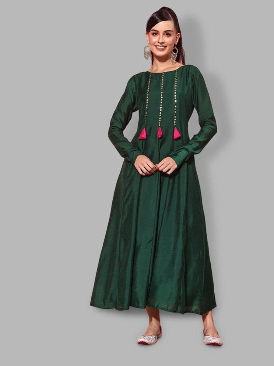 Women Ahalyaa | Women'S Embellished Sequined Maxi Ethnic Dress - Ahalyaa Green