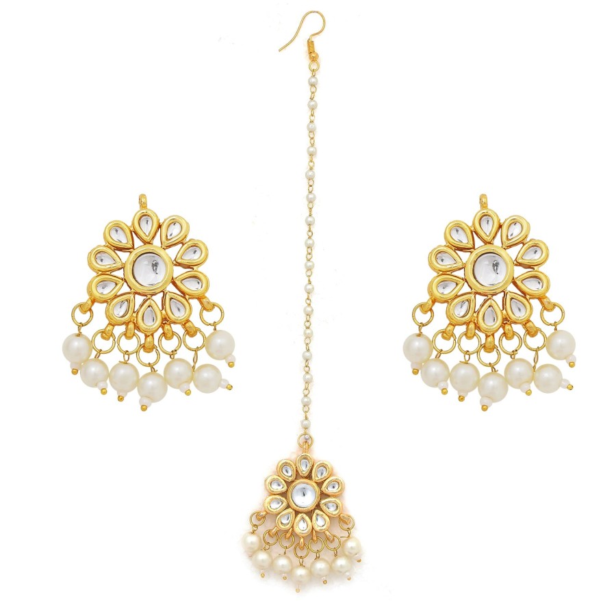 Jewellery Femizen | Women'S Kundan Floral Earrings With Maang Tikka Set - Femizen Golden