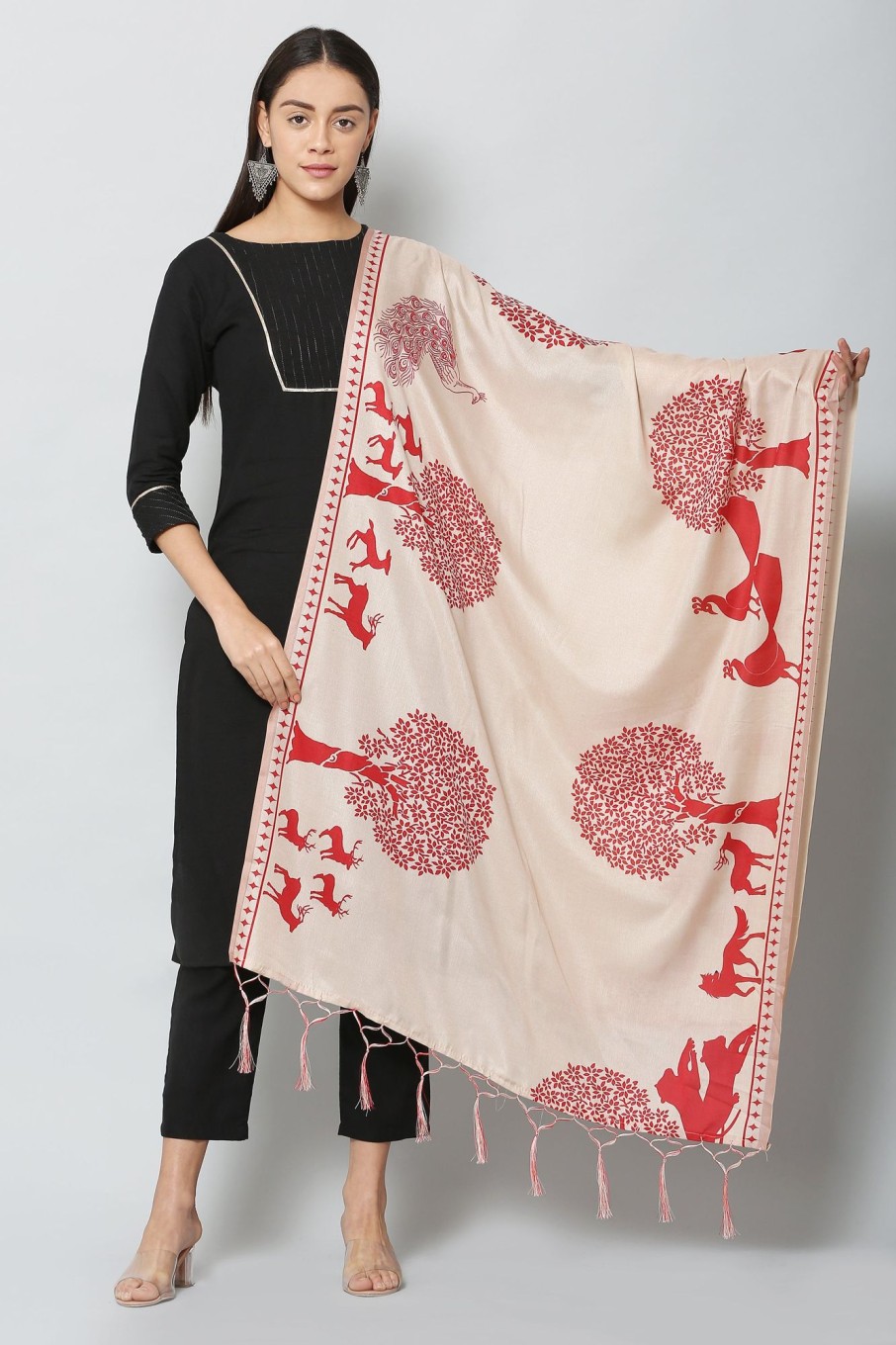 Women VAABA | Women'S Red U0026 Cream Color Art Silk Digital Printed Dupatta - Vaaba