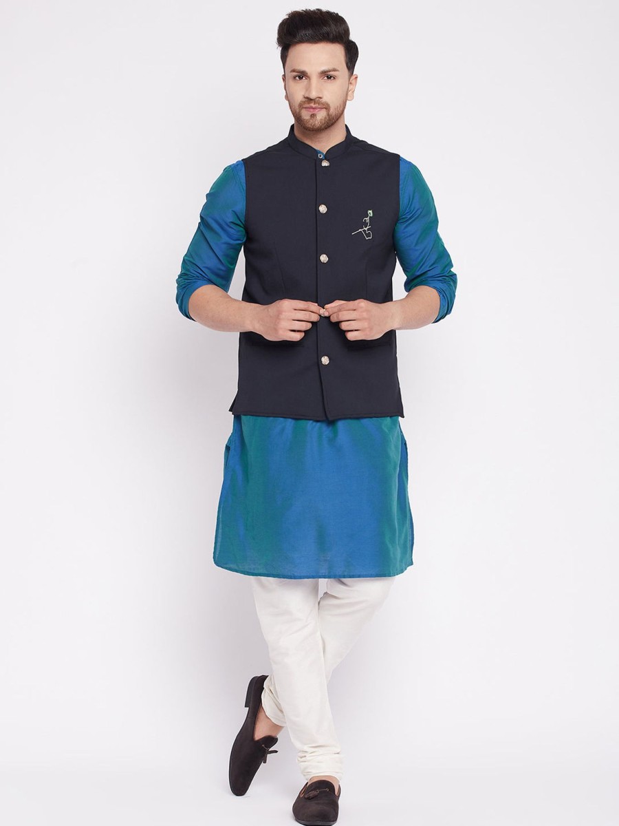 Men Even Apparels | Men'S Nehru Jacket With Embroided Insignia Of Lord Krishna -Even Apparels Navy