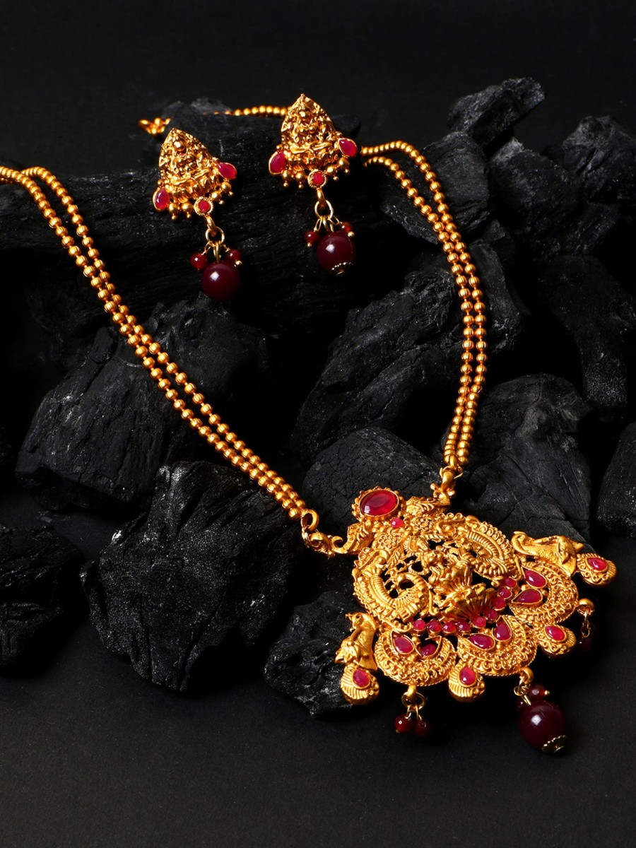 Jewellery Anikas Creation | Antique Matte Gold Finish Maroon Stone Studded Temple Jewellery Set - Anikas Creation Multicolor