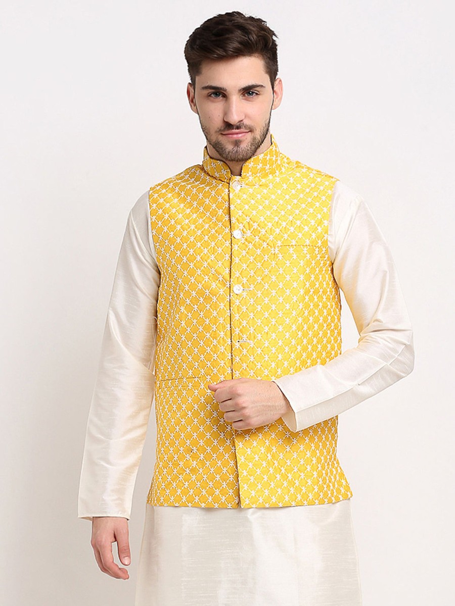 Men Virat Fashions | Men'S Mustard Mustard And White Embroidered Nehru Jacket ( Jowc 4029Mustard ) - Virat Fashions