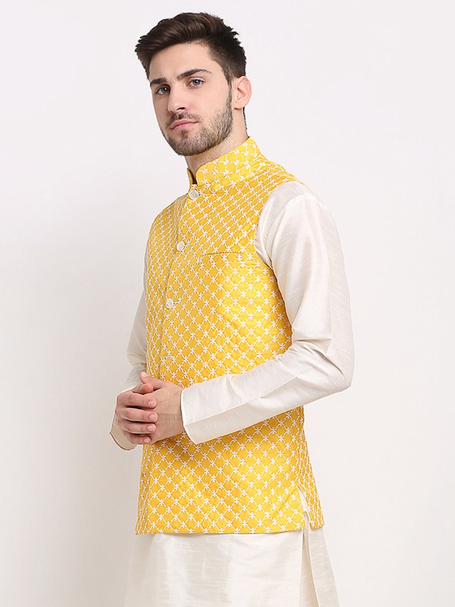 Men Virat Fashions | Men'S Mustard Mustard And White Embroidered Nehru Jacket ( Jowc 4029Mustard ) - Virat Fashions