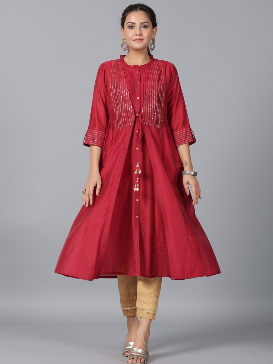 Women Juniper | Women'S Chanderi Embroidered Jacket Style Kurta Dress - Juniper Maroon