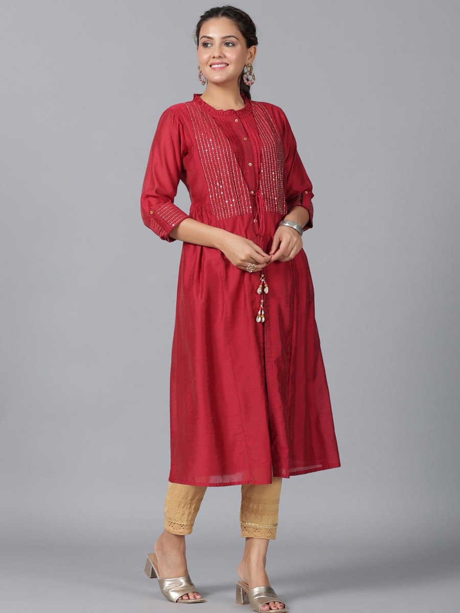 Women Juniper | Women'S Chanderi Embroidered Jacket Style Kurta Dress - Juniper Maroon