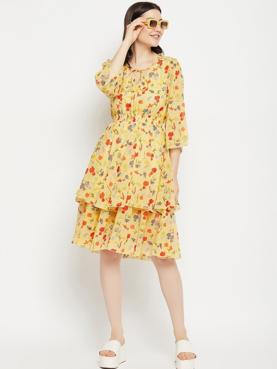 Women BitterLime | Women'S Printed Floral Tiered Dress - Bitterlime Mustard