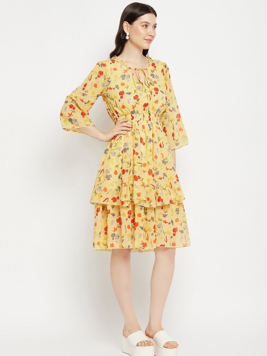 Women BitterLime | Women'S Printed Floral Tiered Dress - Bitterlime Mustard