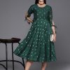 Women Ahalyaa | Women'S Polka Dot Print A-Line Midi Dress - Ahalyaa Green