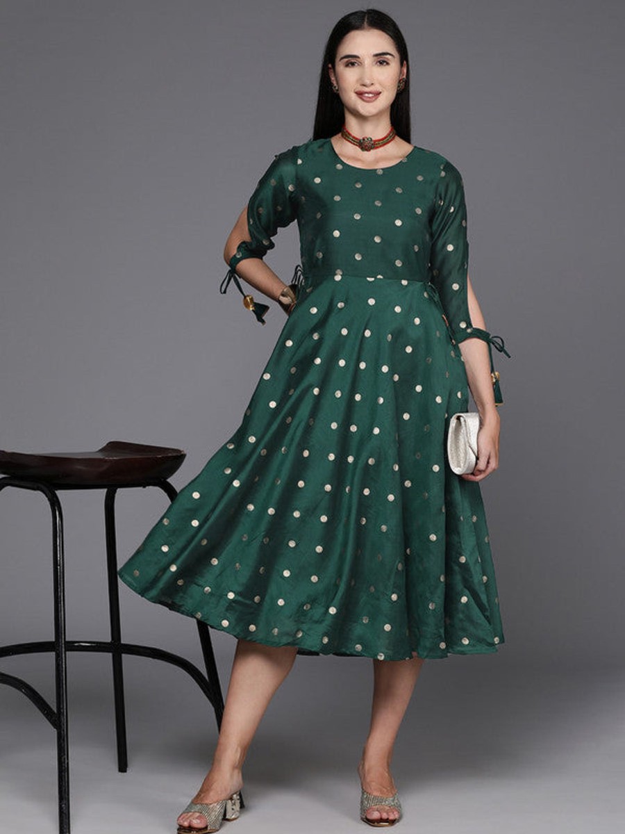 Women Ahalyaa | Women'S Polka Dot Print A-Line Midi Dress - Ahalyaa Green