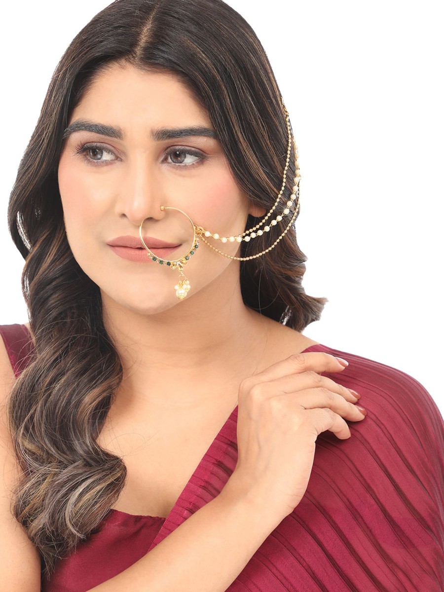 Jewellery Anikas Creation | Handcrafted Kundan Jewelry Chained Nose Ring By Anikas Creation Gold