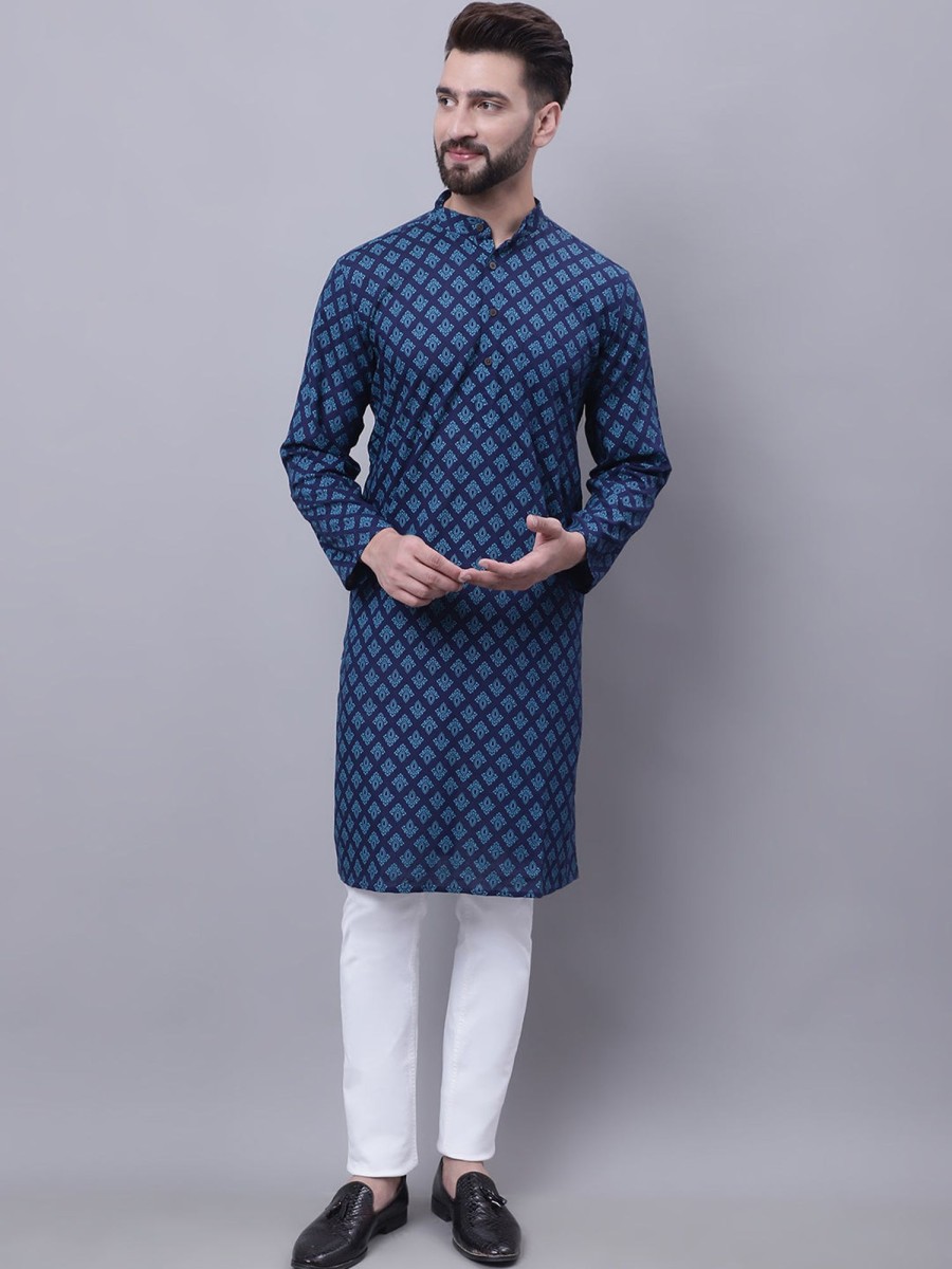 Men Even Apparels | Men'S Pure Cotton Kurta With Band Collar - Even Apparels Blue