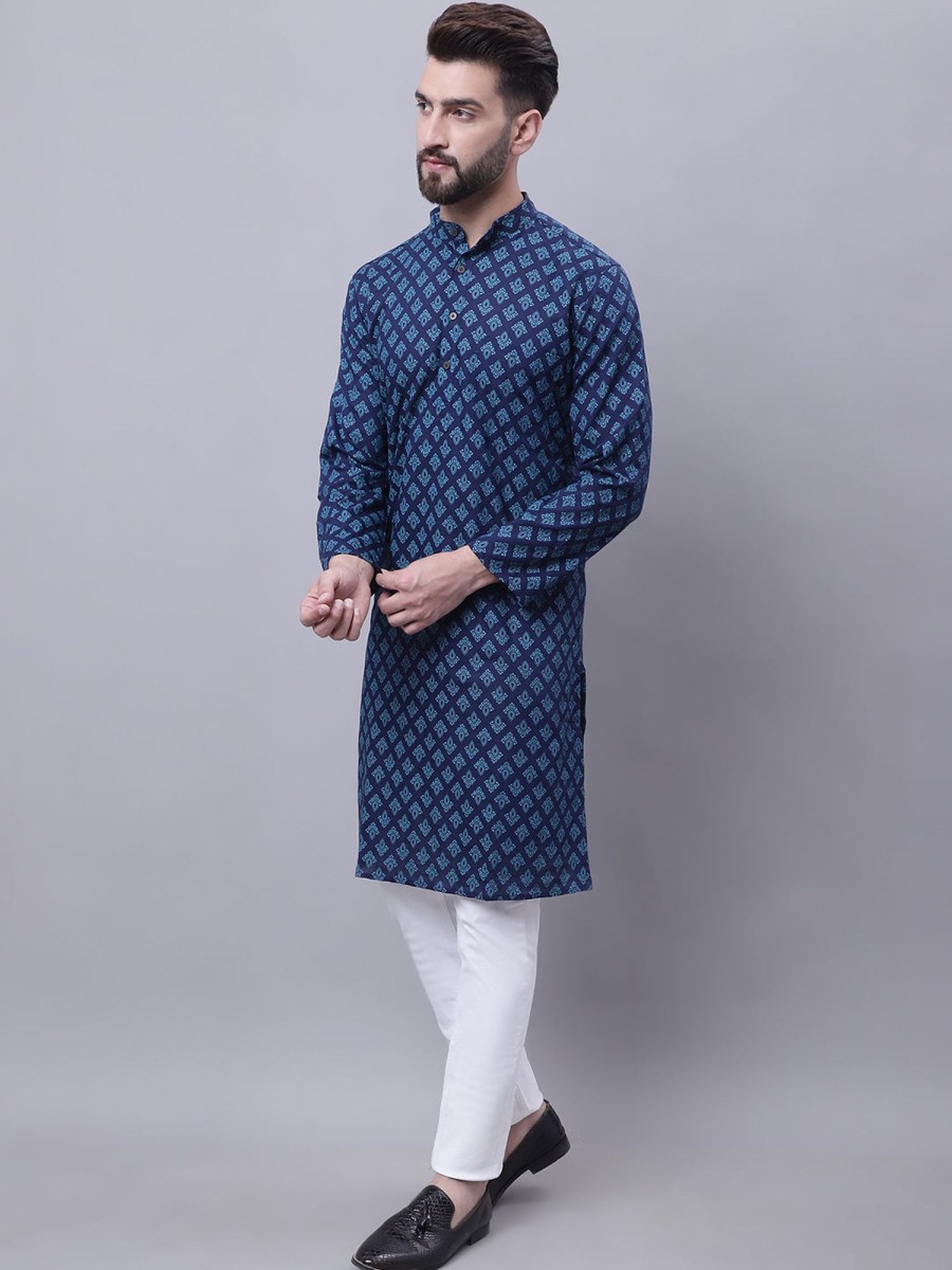 Men Even Apparels | Men'S Pure Cotton Kurta With Band Collar - Even Apparels Blue