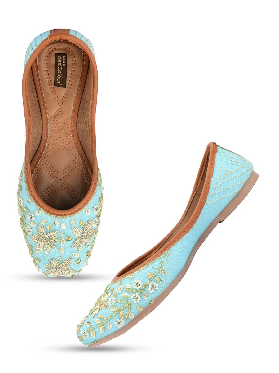 Others Desi Colour | Women'S Dabka Floral Hand Embroidered Indian Ethnic Comfort Footwear - Desi Colour Green