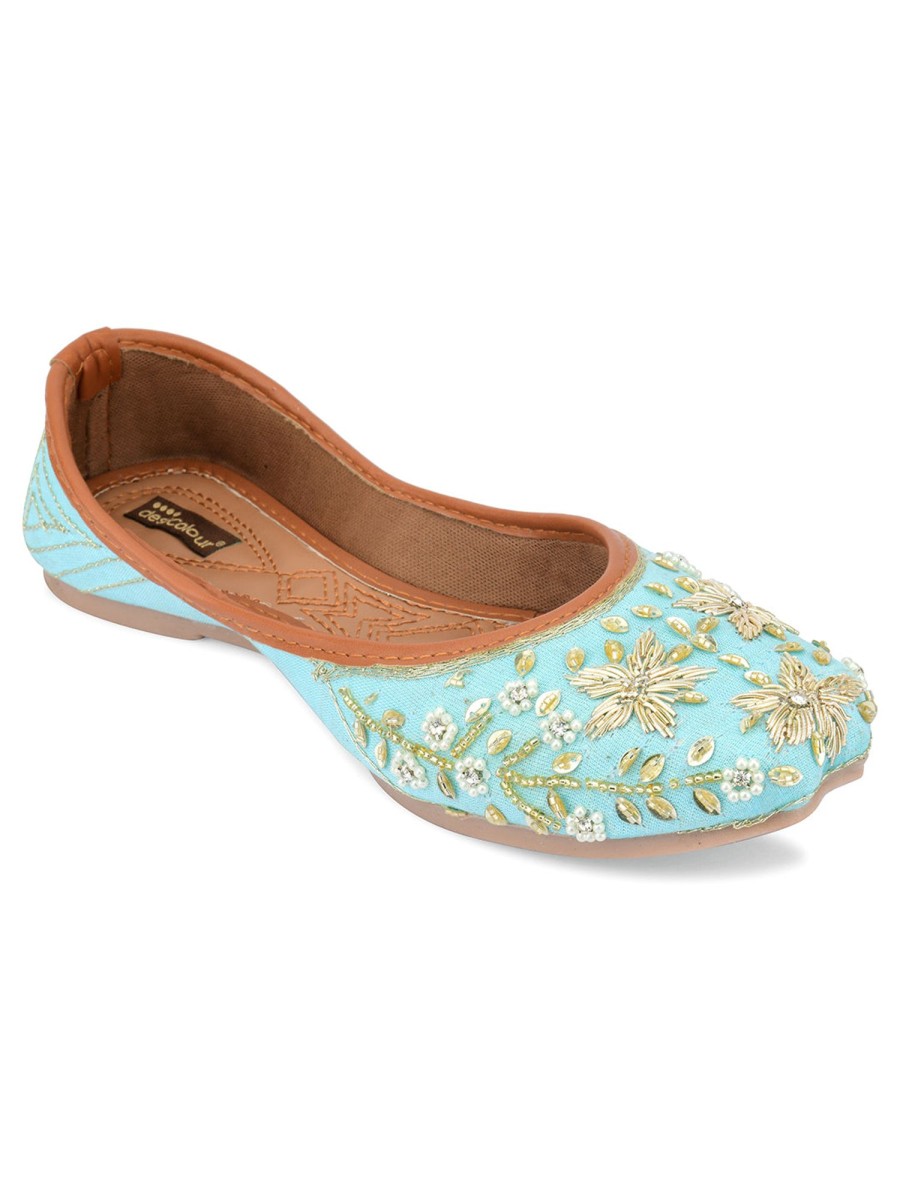 Others Desi Colour | Women'S Dabka Floral Hand Embroidered Indian Ethnic Comfort Footwear - Desi Colour Green