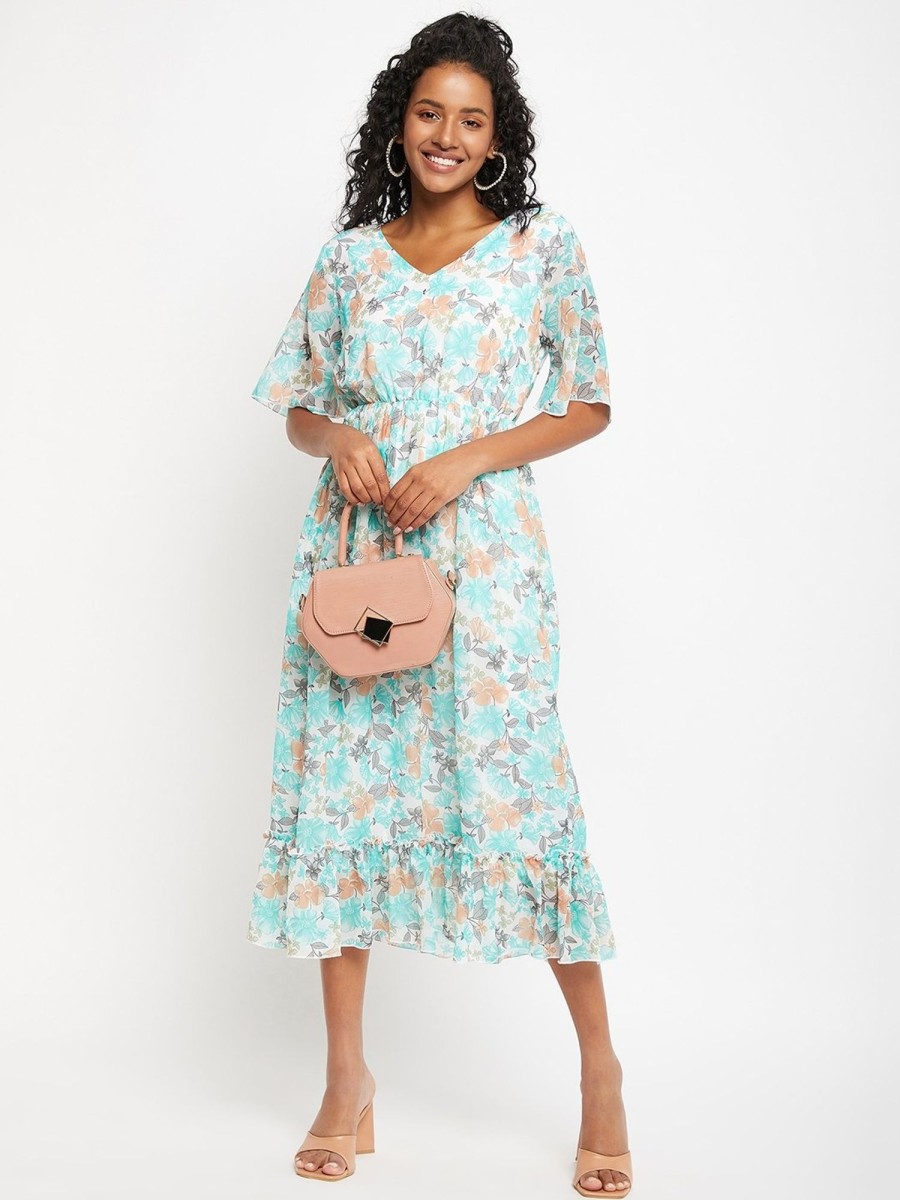 Women BitterLime | Women'S White U0026 Floral Printed Dress - Bitterlime Green