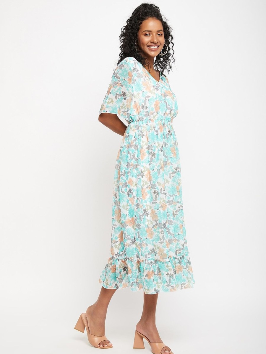 Women BitterLime | Women'S White U0026 Floral Printed Dress - Bitterlime Green