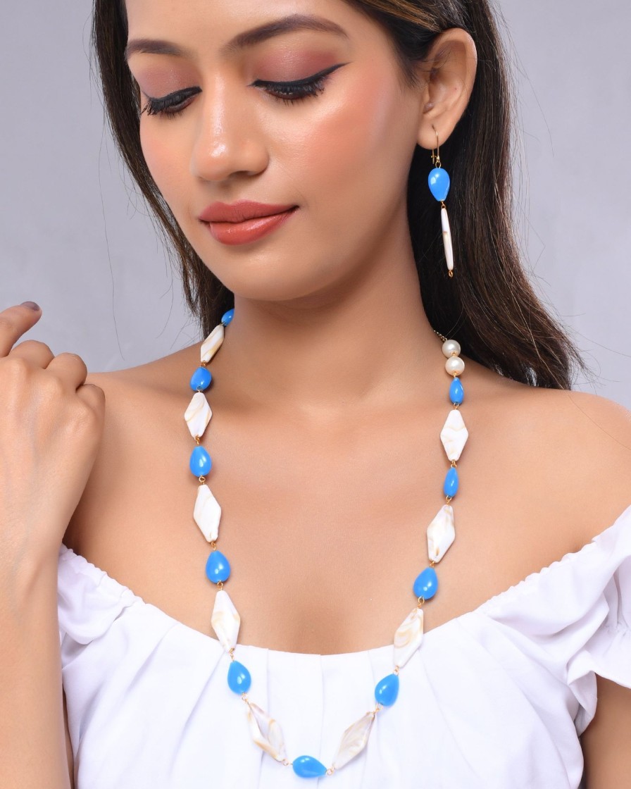 Jewellery VOJ | Women'S Sky Blue And White Beads Necklace And Earring Set - Voj Multi Color