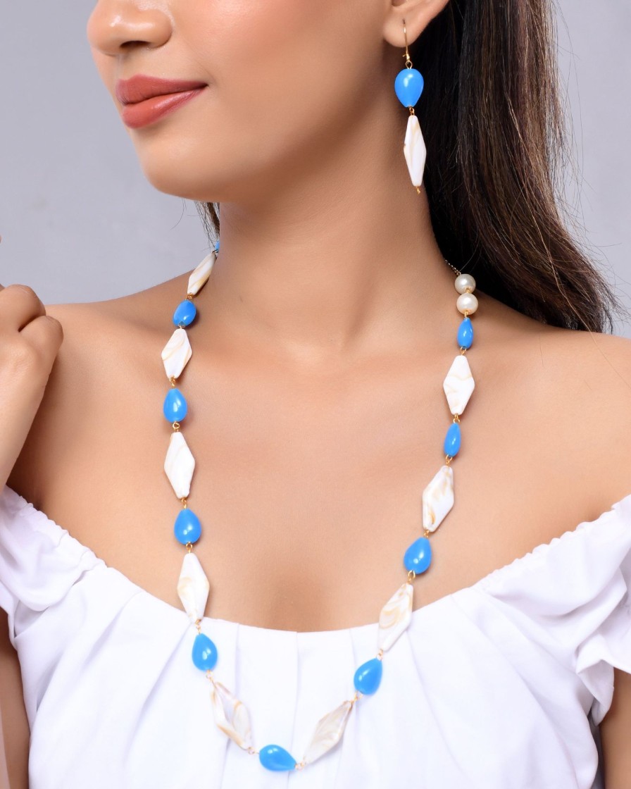 Jewellery VOJ | Women'S Sky Blue And White Beads Necklace And Earring Set - Voj Multi Color