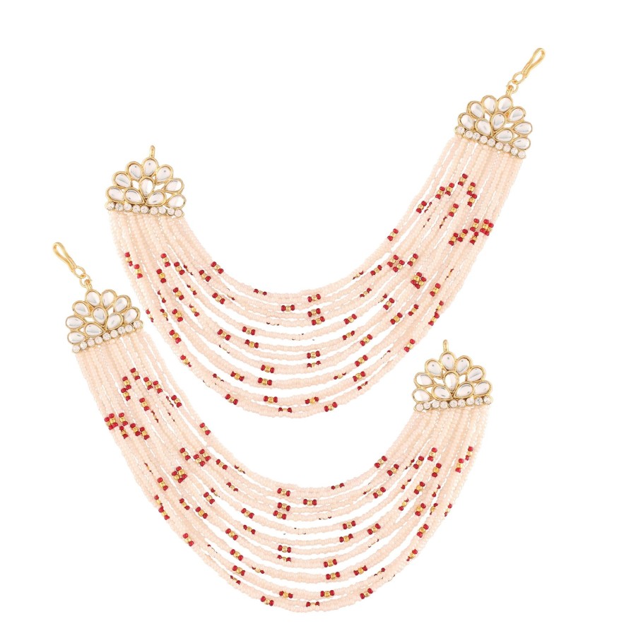 Jewellery I Jewels | Women'S Gold Plated Multi Strand Earring With Ear Chain Embellished With Pearl - I Jewels Maroon