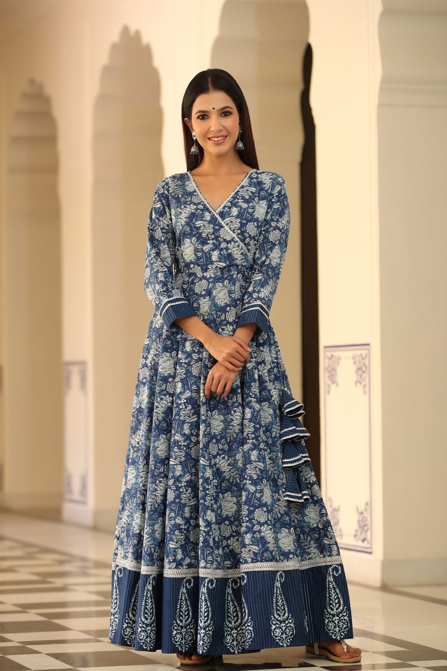 Women Gillori USA | Women'S Floral Indigo Angrakha Kalidar Dress-Gillori Usa