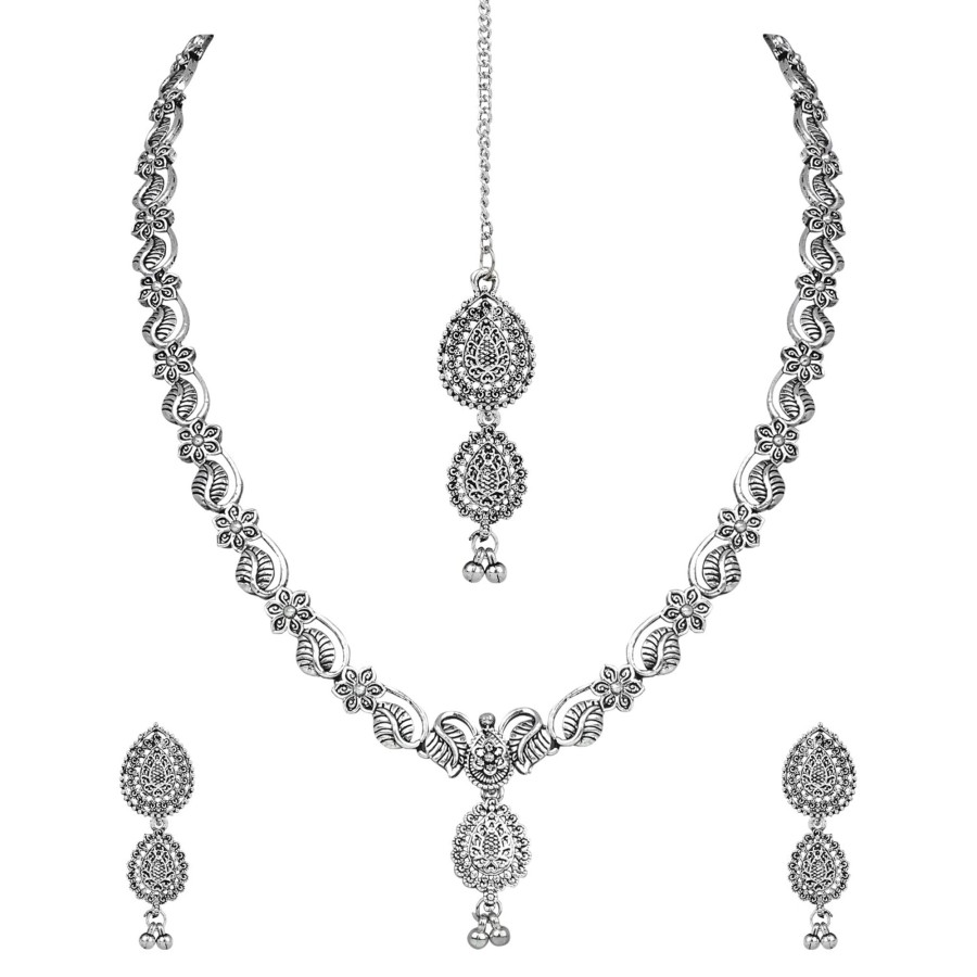 Jewellery I Jewels | Women'S Navratri Ethnic Stylish Boho Silver Chain Pendant Long Necklace Jewellery Set - I Jewels Oxidised