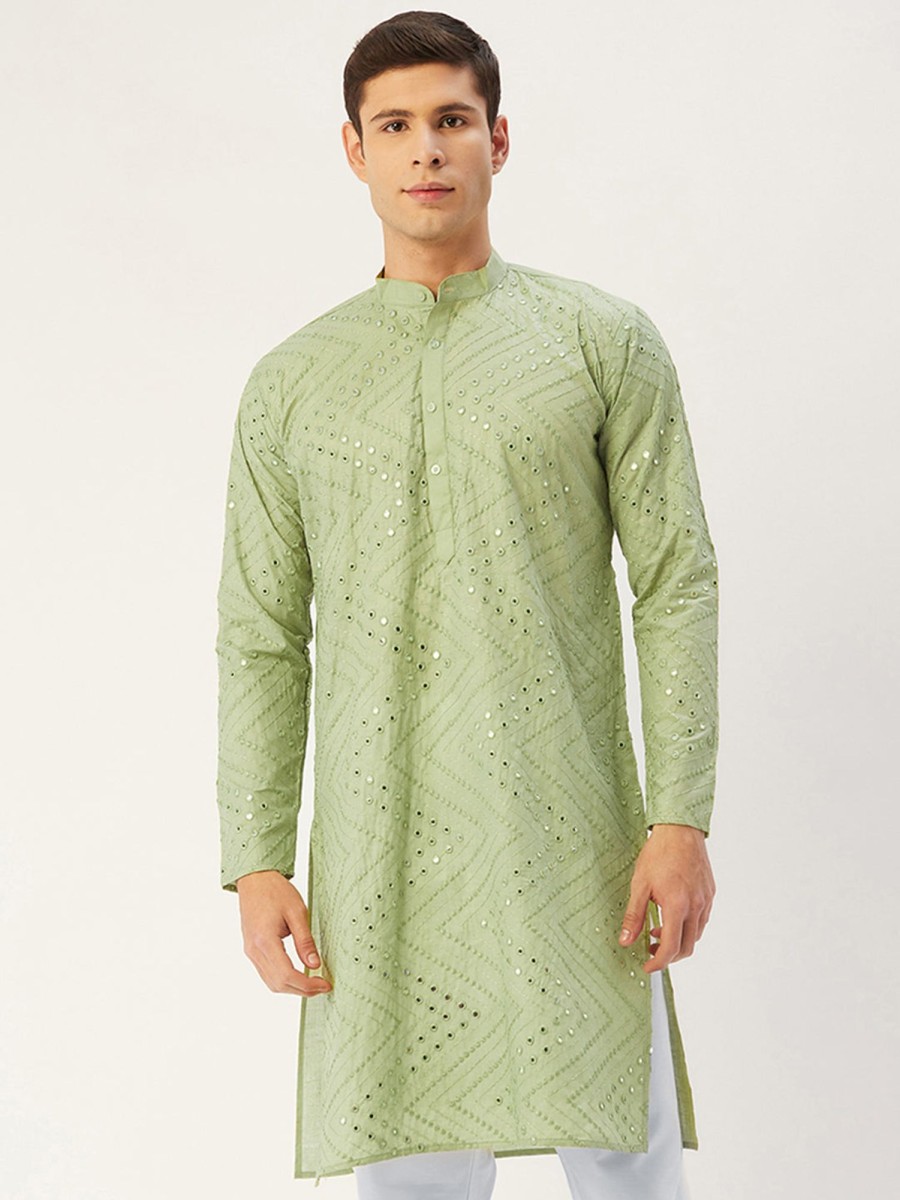 Men Virat Fashions | Men'S Pista Embroidered Mirror Work Kurta Only ( Ko 646 Pista ) - Virat Fashions