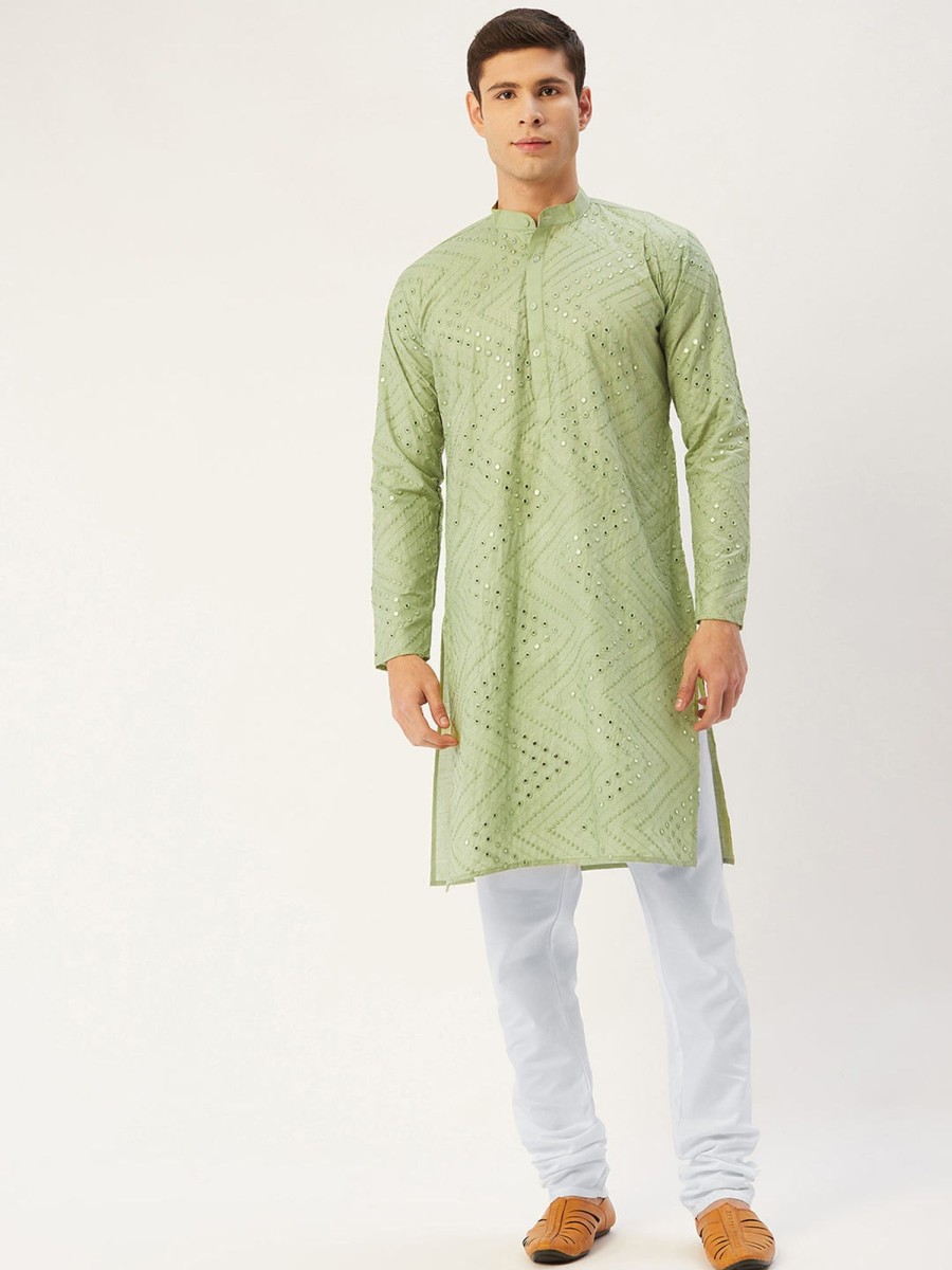 Men Virat Fashions | Men'S Pista Embroidered Mirror Work Kurta Only ( Ko 646 Pista ) - Virat Fashions