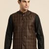 Men Sojanya | Men'S Cotton Blend Coffee Brown U0026 Mustard Checked Nehru Jacket - Sojanya