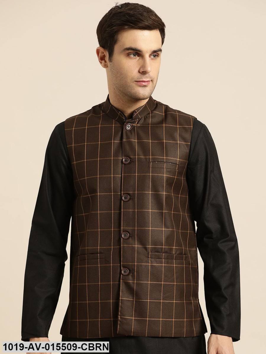 Men Sojanya | Men'S Cotton Blend Coffee Brown U0026 Mustard Checked Nehru Jacket - Sojanya