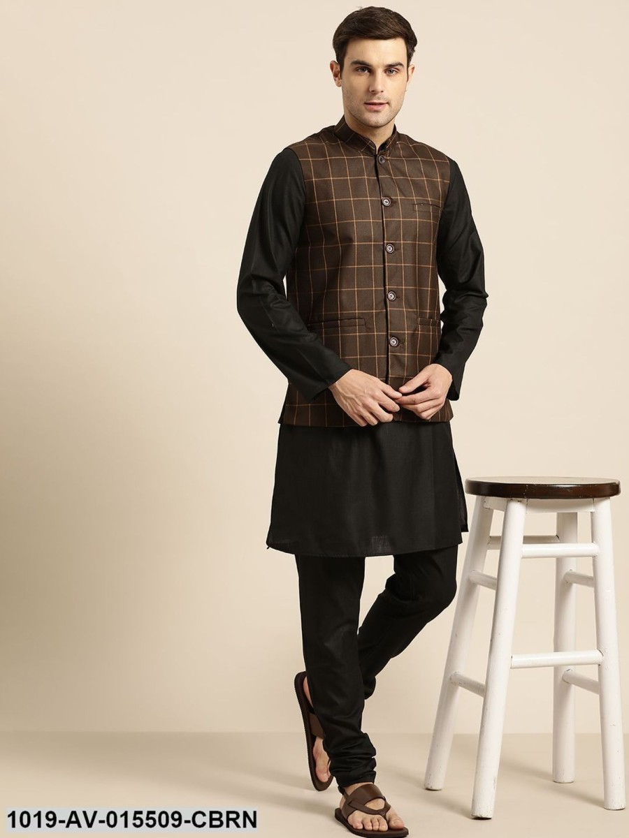 Men Sojanya | Men'S Cotton Blend Coffee Brown U0026 Mustard Checked Nehru Jacket - Sojanya