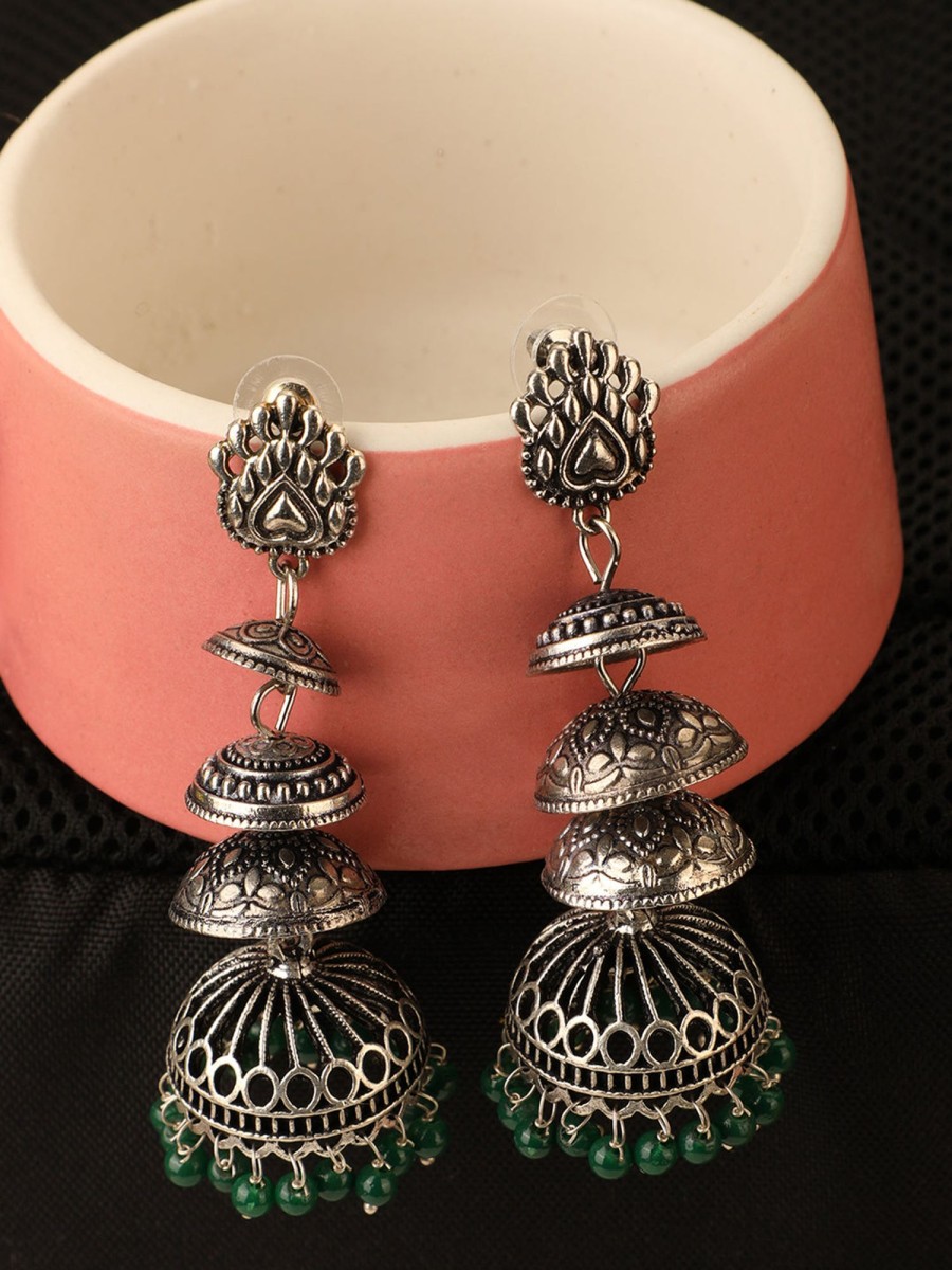 Jewellery Anikas Creation | Women'S Designer Silver Tone Oxidised Green Bead Jhumka Earring - Anikas Creation