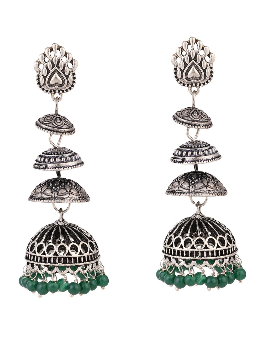 Jewellery Anikas Creation | Women'S Designer Silver Tone Oxidised Green Bead Jhumka Earring - Anikas Creation