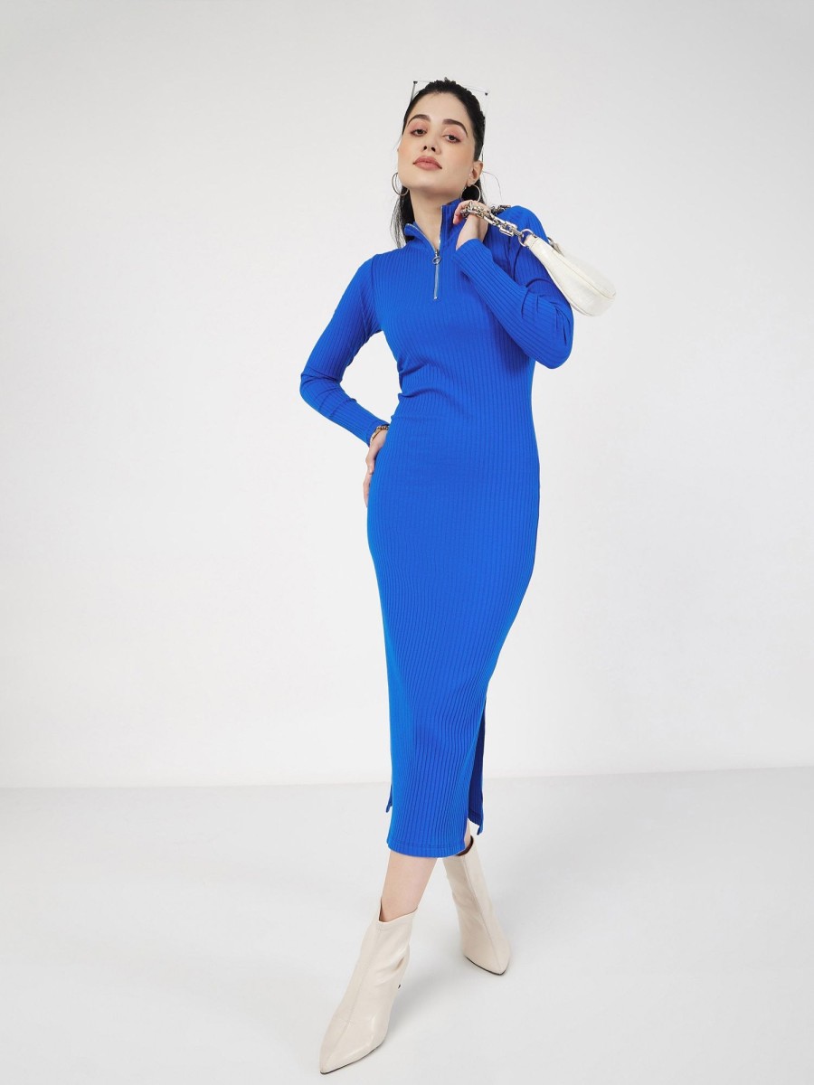 Women Lyush | Women'S Royal Blue Rib High Neck Front Zipper Dress - Lyush