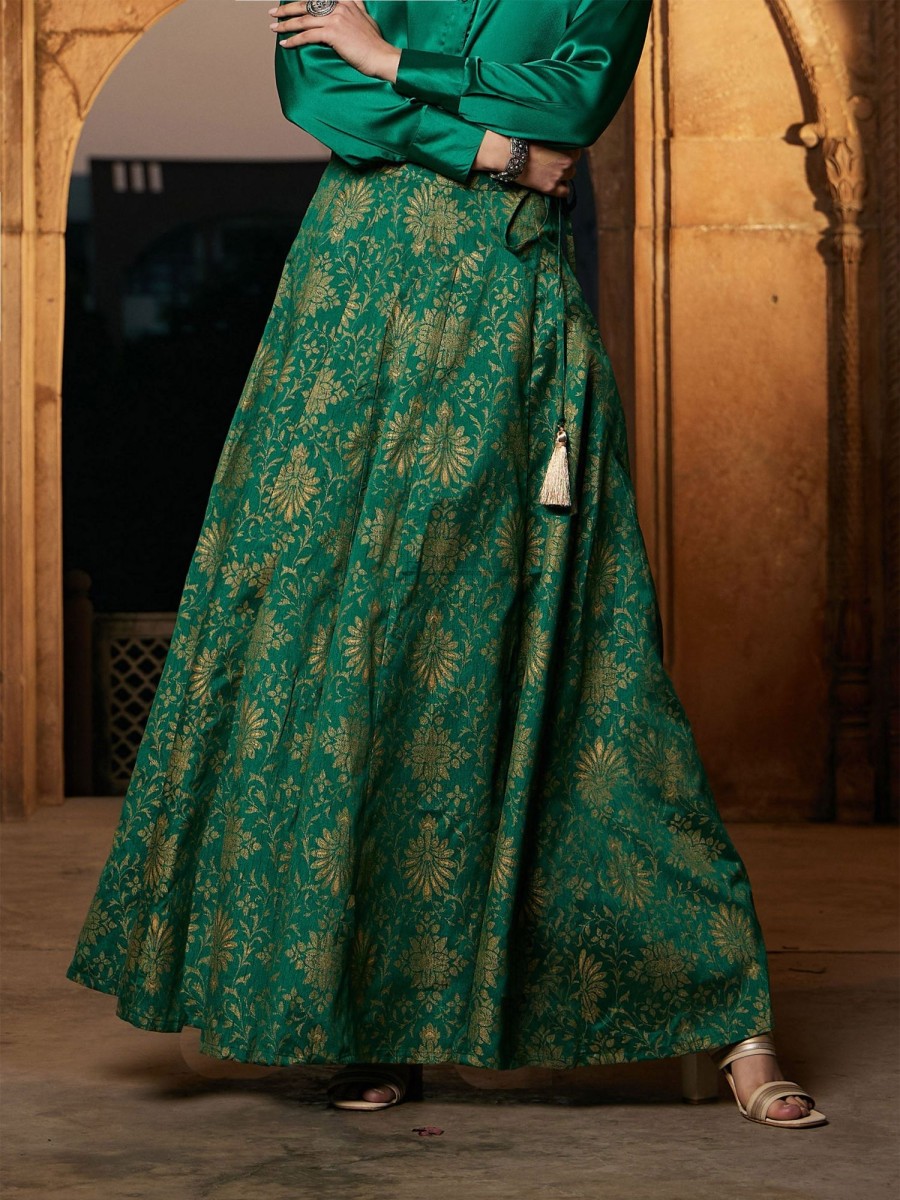 Women SASSAFRAS | Women'S Brocade Jacquard Anarakali Skirt - Sassafras Green