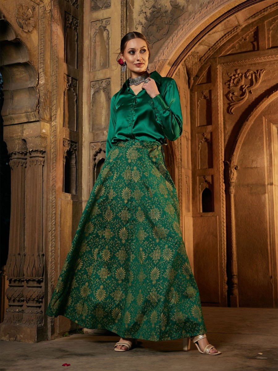 Women SASSAFRAS | Women'S Brocade Jacquard Anarakali Skirt - Sassafras Green