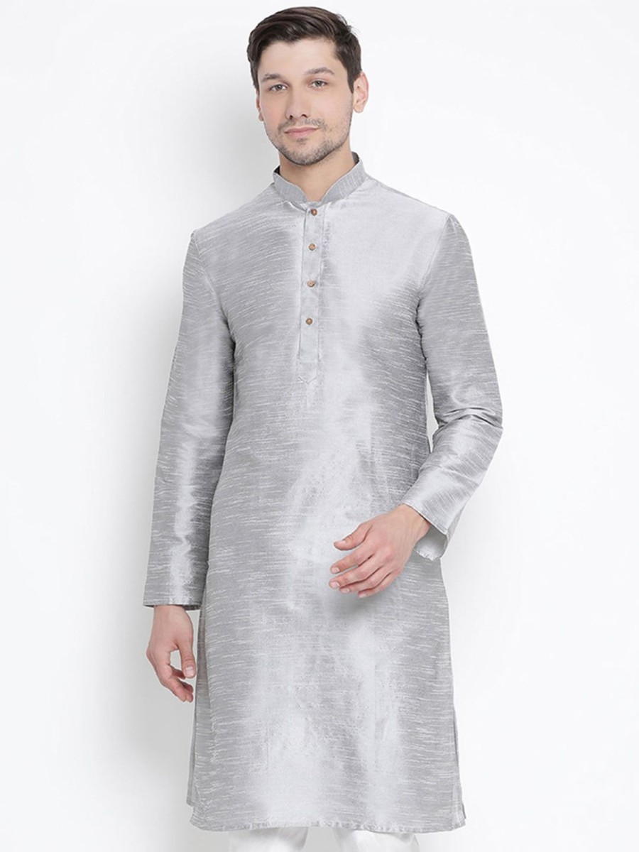 Men Vastramay | Men'S Grey Cotton Silk Blend Kurta - Vastramay